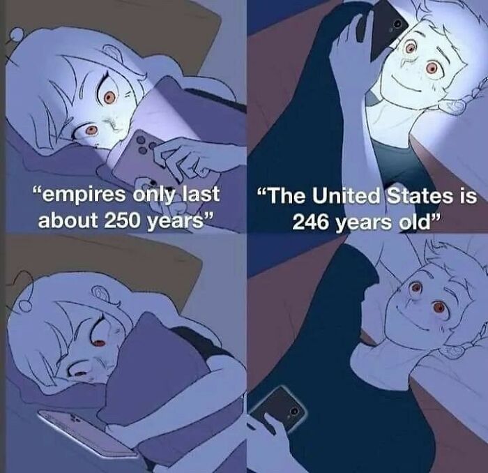 Two people lying in bed using phones, illustrating a history meme about empires lasting about 250 years and the US age.