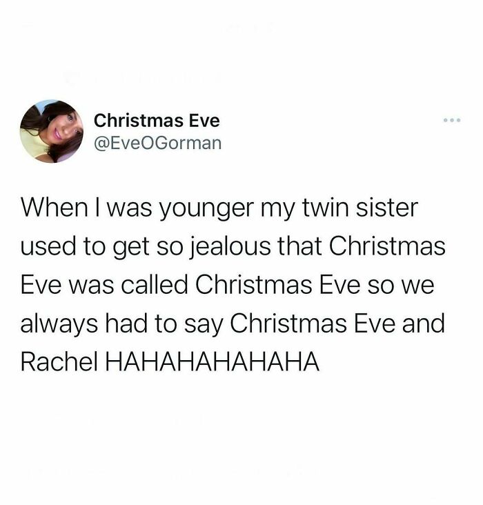 Tweet about growing up British featuring a Christmas Eve name joke with a twin sister.
