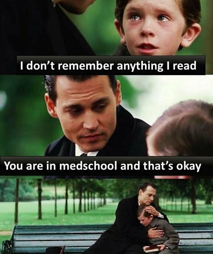 A comforting scene humorously highlighting the struggles of medical school.