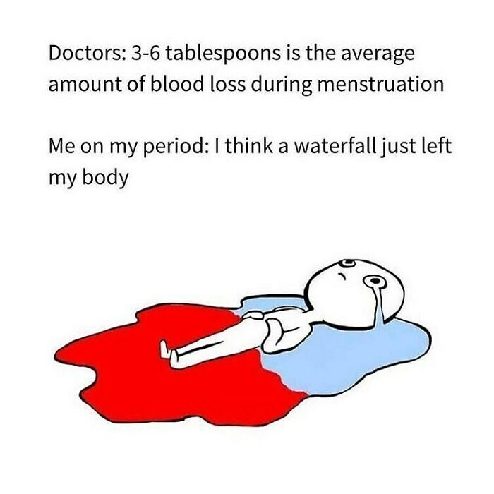 Cartoon figure humorously overwhelmed by period blood with text about blood loss during menstruation.