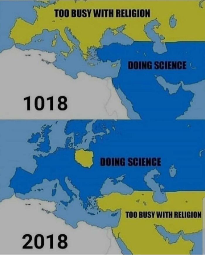 Map meme comparing regions doing science versus being busy with religion in 1018 and 2018, history class meme.