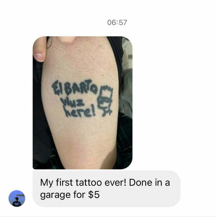Tattoo of "El Barto waz here!" on an arm, representing a Simpsons tattoo done in a garage for $5.