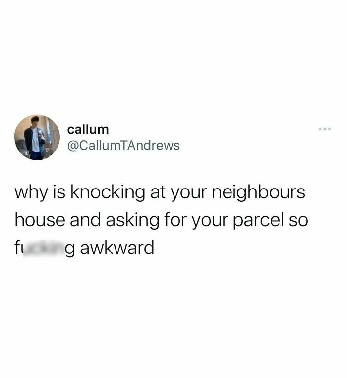 Tweet meme about British social awkwardness when asking neighbors for a parcel.