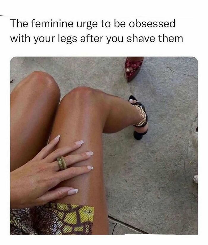 Close-up of smooth legs after shaving, highlighting a moment of self-care humor.