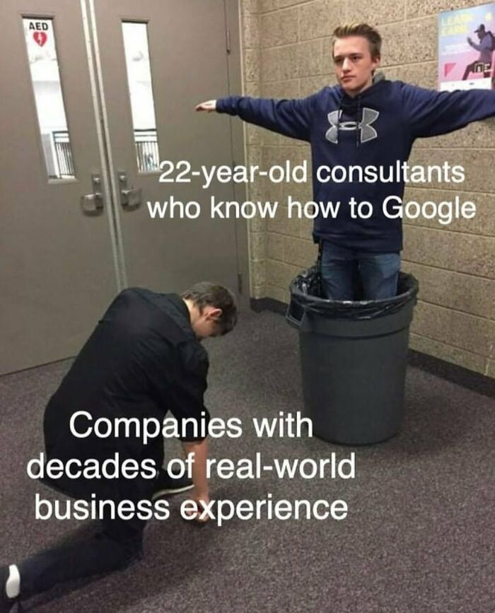 Young consultant meme humor comparing experience levels, with a person in a trash can and another kneeling down.
