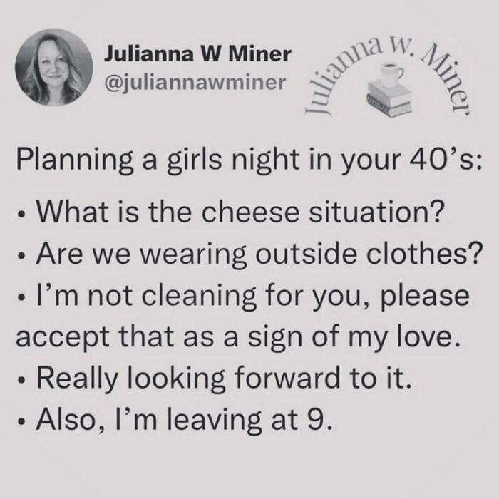 Millennial Misery meme about planning a girls' night in your 40s; highlights cheese, attire, cleaning, and early departure.
