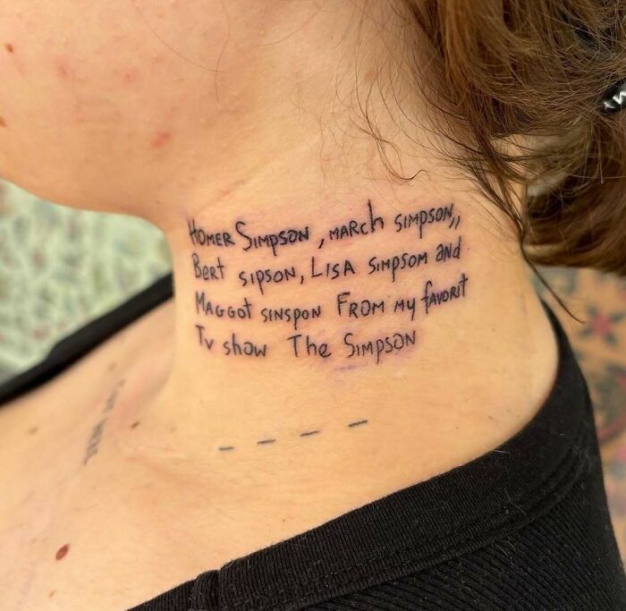 Simpsons tattoo with character names misspelled, inked on neck.