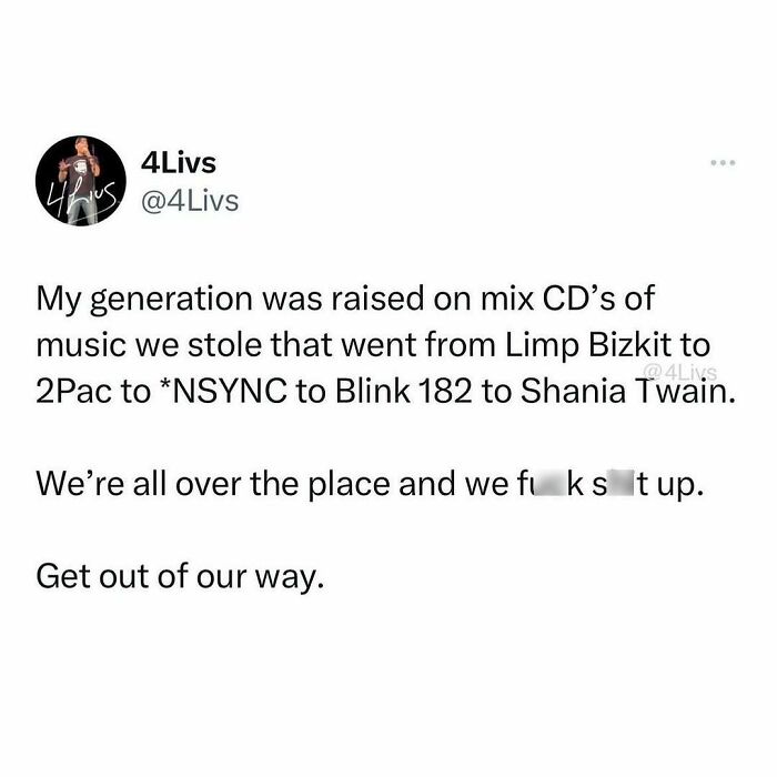 Millennial Misery meme about mixed CDs, featuring bands like Limp Bizkit, NSYNC, and Blink 182.