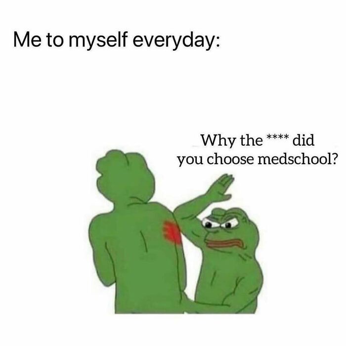 Green character slapping another, captioned with frustration about choosing medical school.
