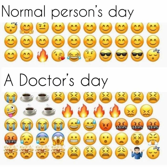 Emojis comparing normal day to a doctor's day, highlighting the stress and challenges of medical school.