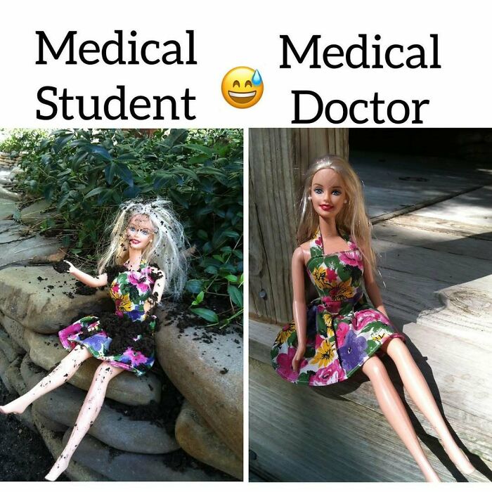 Barbie doll comparison humorously depicting medical student vs. medical doctor transformation in medical school.