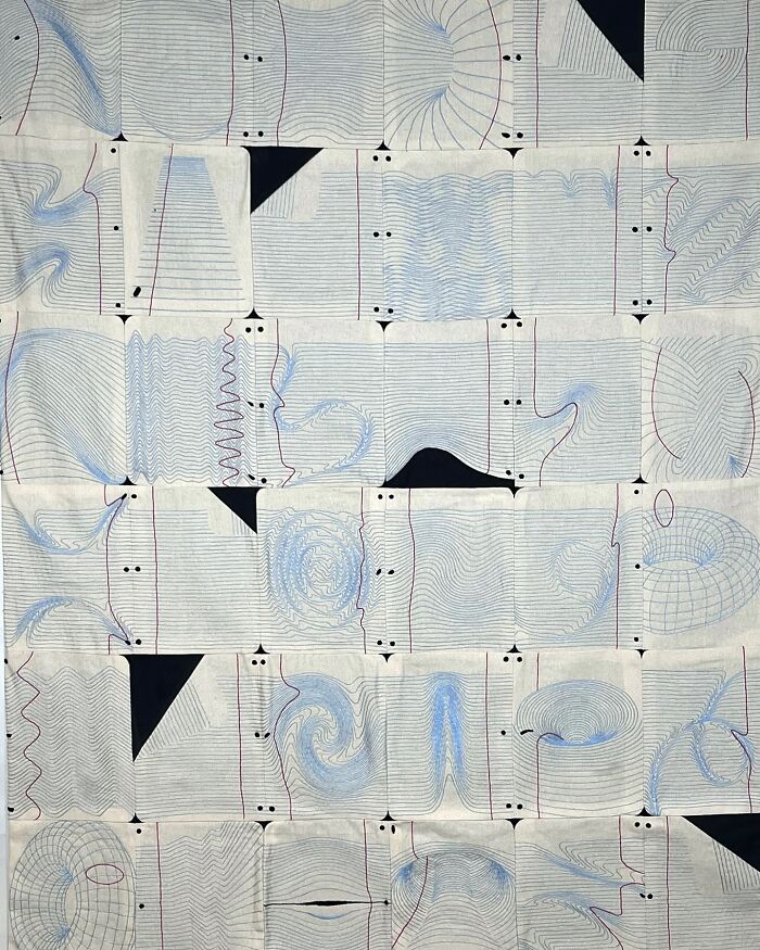 Embroidery art mimicking notebook pages with intricate patterns and textures.