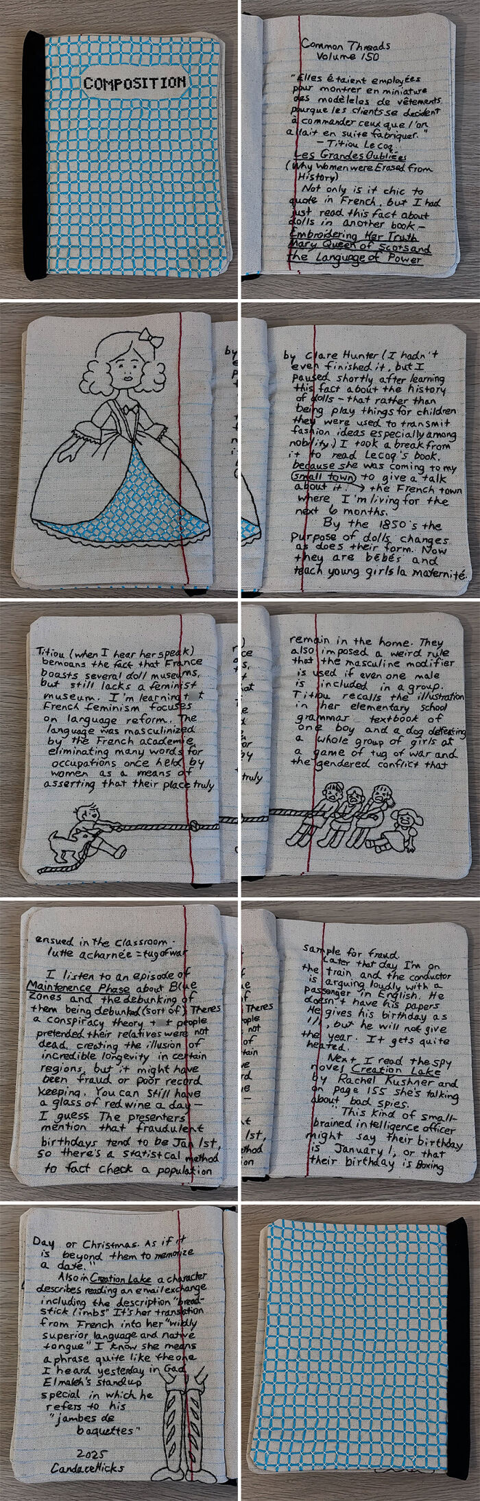 Embroidered fabric art resembling book pages and notebook, with intricate text and illustrations.