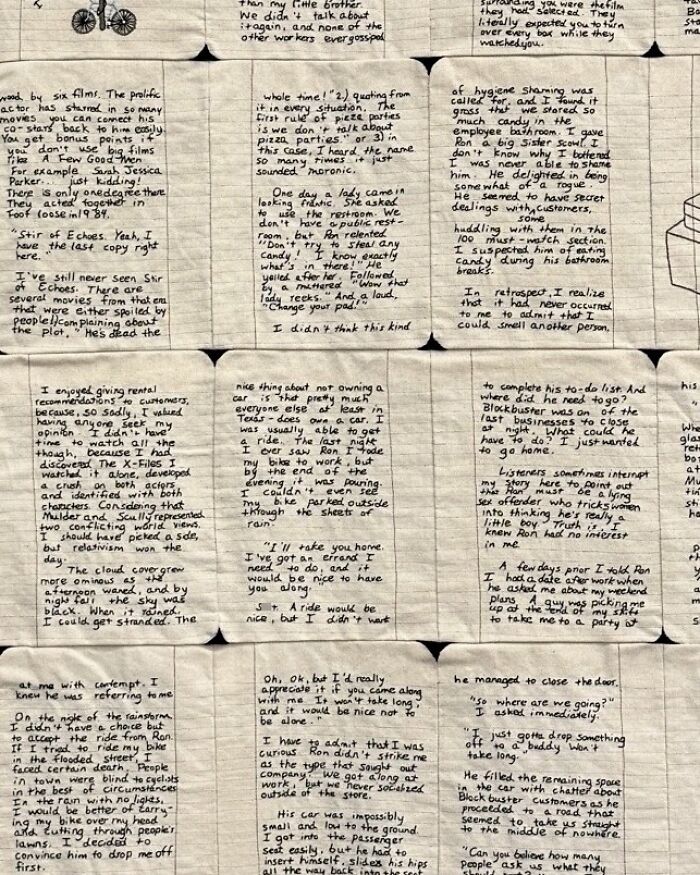 Fabric embroidered to resemble notebook pages with handwritten text, showcasing intricate book-themed embroidery art.