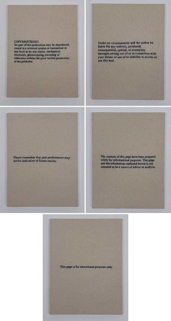 Fabric embroidery resembling book pages with text, showcasing artistic embroidery techniques.