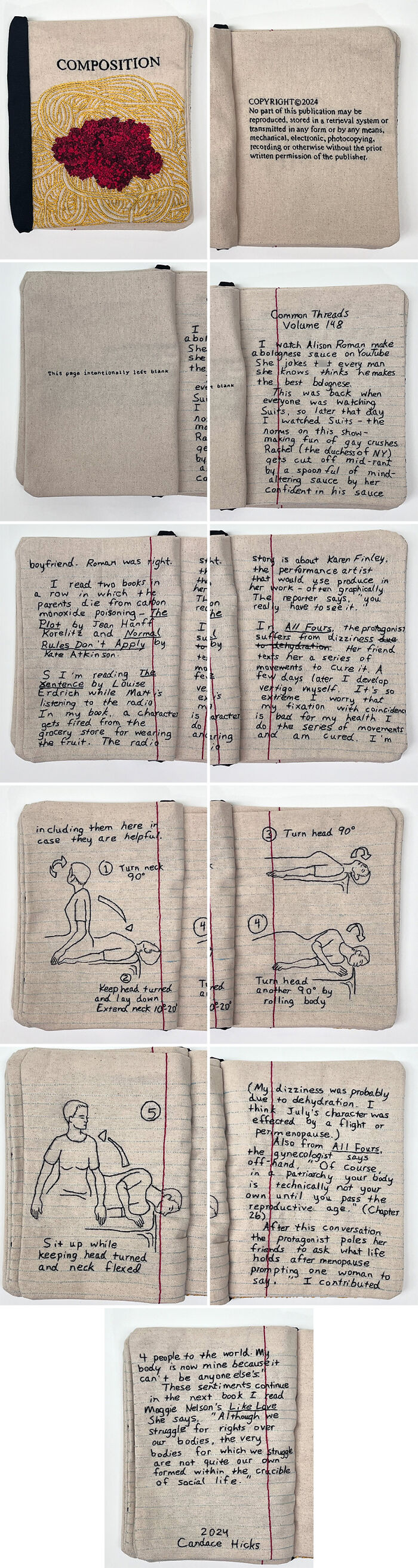 Fabric embroidered to resemble books and notebook pages with detailed stitched text and images.