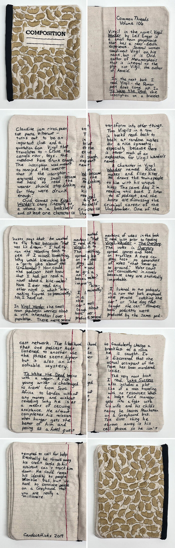 Fabric embroidered to resemble a notebook with text and cover design, showcasing intricate handmade artistry.