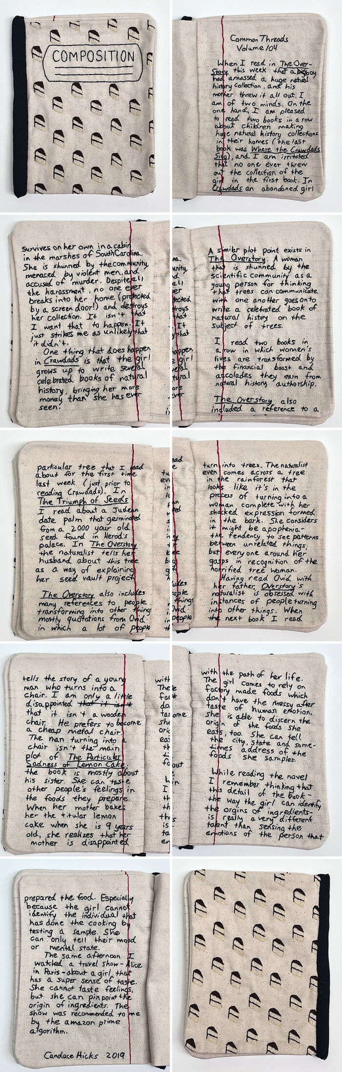 Fabric embroidered to resemble an open book with handwritten pages, showcasing artist's intricate notebook design.