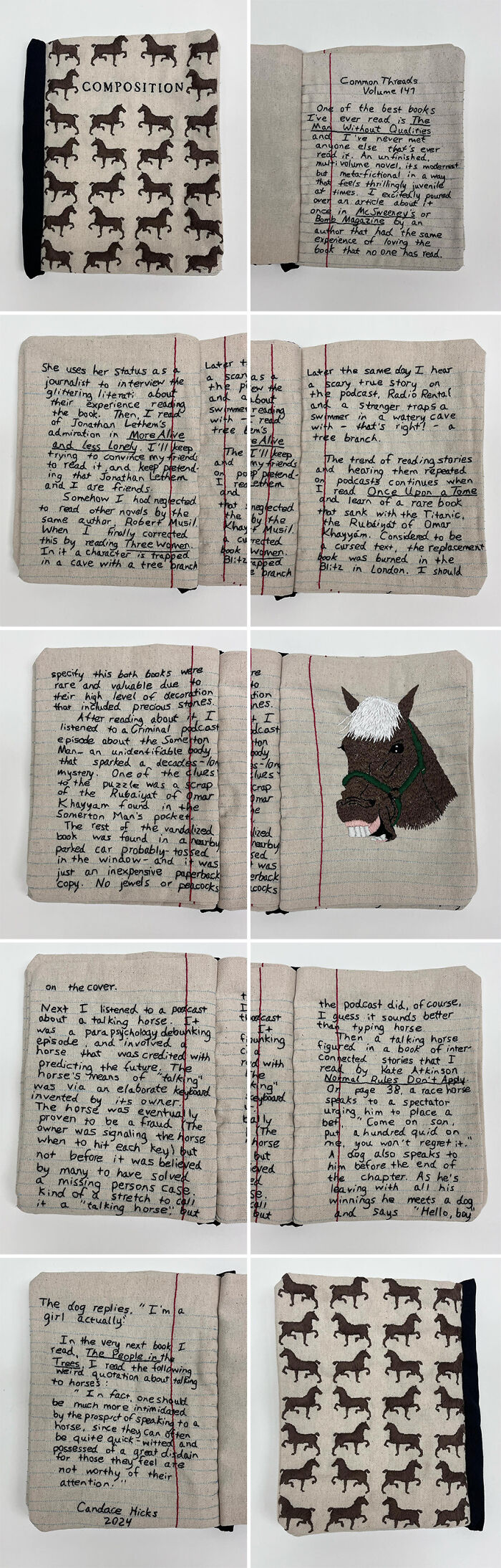 Embroidered fabric resembling books and notebook pages, featuring detailed stitching and text.