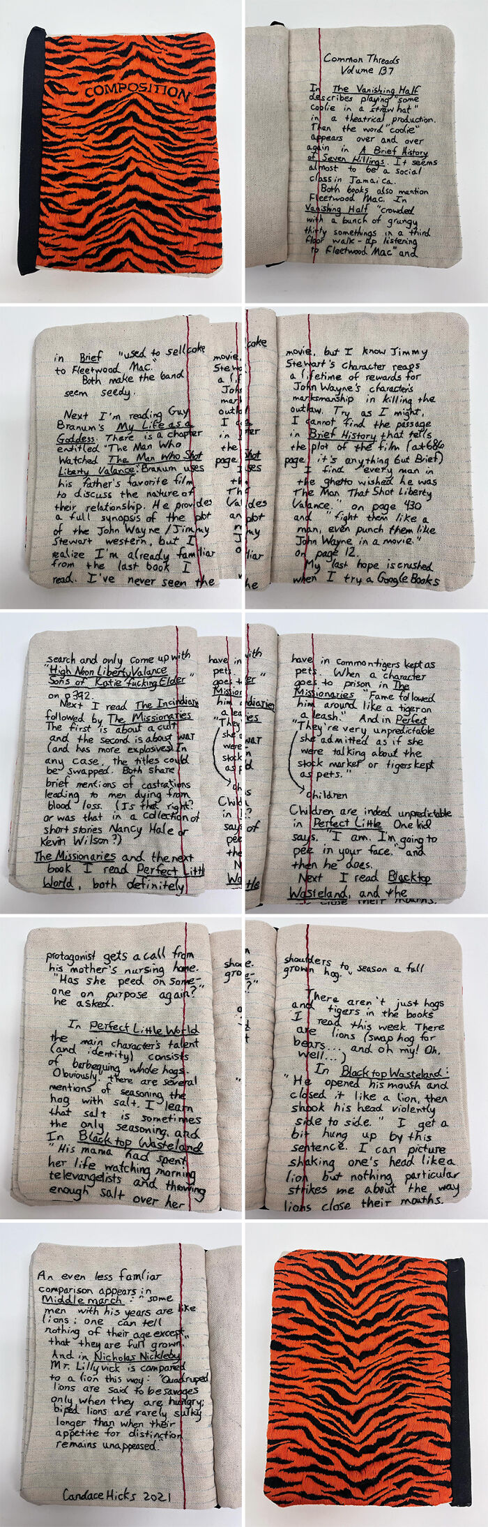 Fabric embroidered to resemble open notebook pages with text, showcasing artist's intricate book-themed embroidery work.