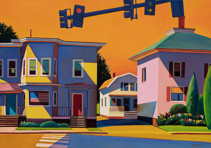 Quiet street with sunlit windows and colorful houses under an orange sky, painting by Susan Abbott.