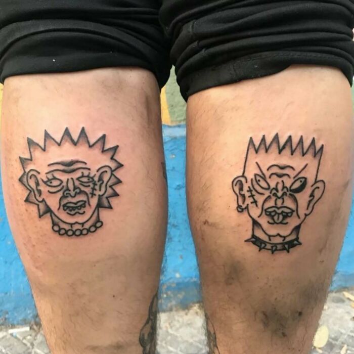 Simpsons tattoos on legs featuring exaggerated cartoon faces with spiky hair and dramatic expressions.
