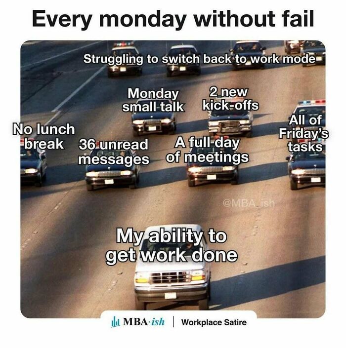 Work memes humorously depicting Monday stress with cars labeled as work tasks and an ability to get work done.