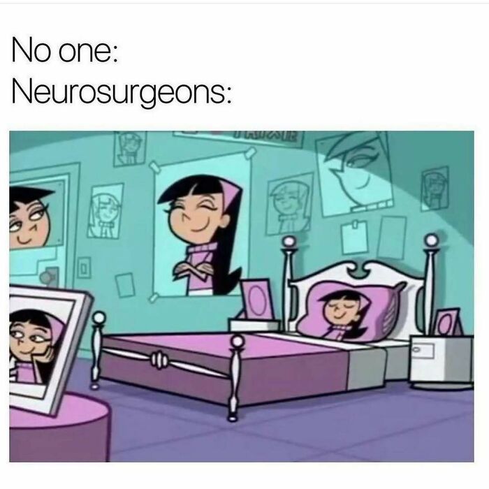 Cartoon character surrounded by her own pictures, humorously portraying medical school life.