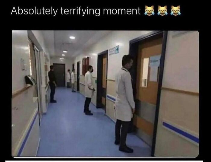 Doctors nervously waiting in a hospital corridor, capturing a humorous moment in medical school.
