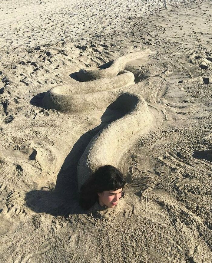 A person's head in the sand beside a snake-like sand structure, creating an inexplicable cursed image.