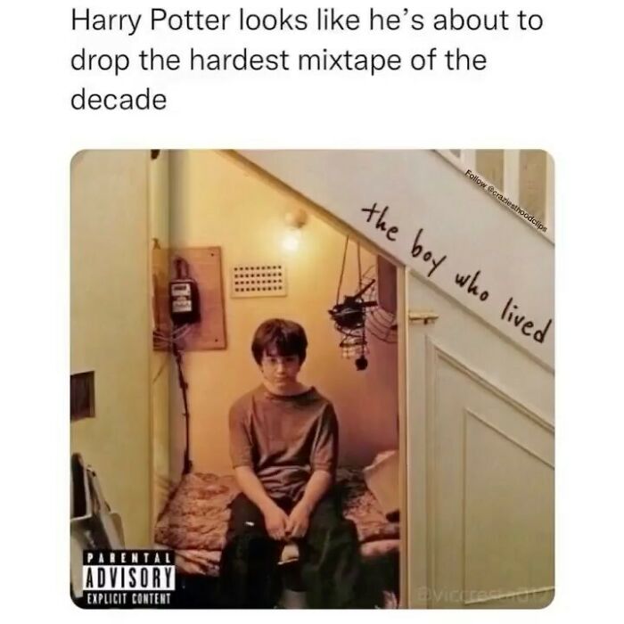 Young boy sitting in cupboard under stairs, parodying a mixtape cover. Funny meme about men.