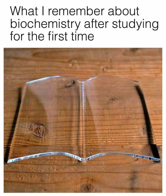 Clear glass book on wood, humorously illustrating medical school memory challenges.