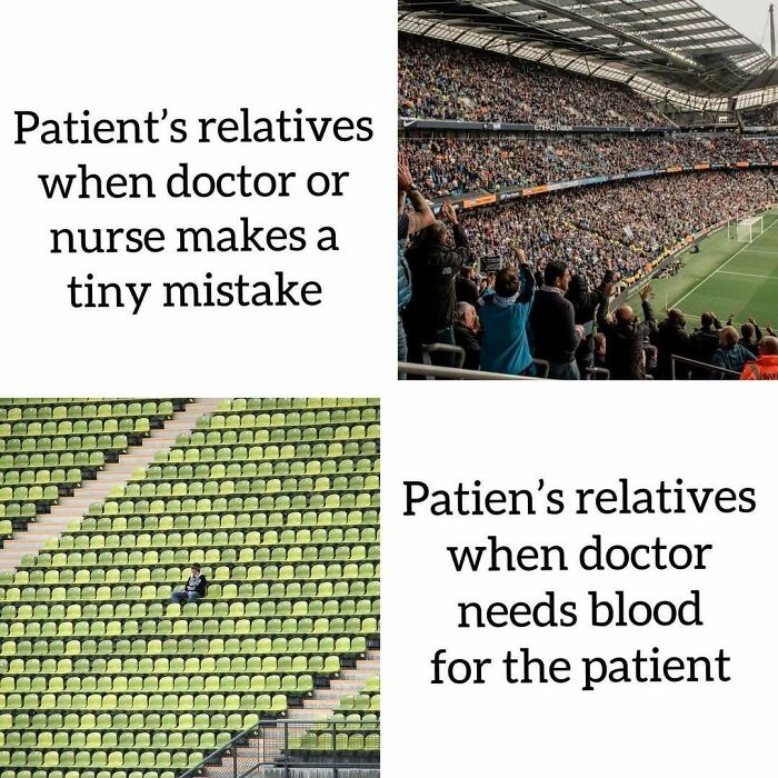 Crowded stadium versus empty seats, illustrating reactions in medical school scenarios.