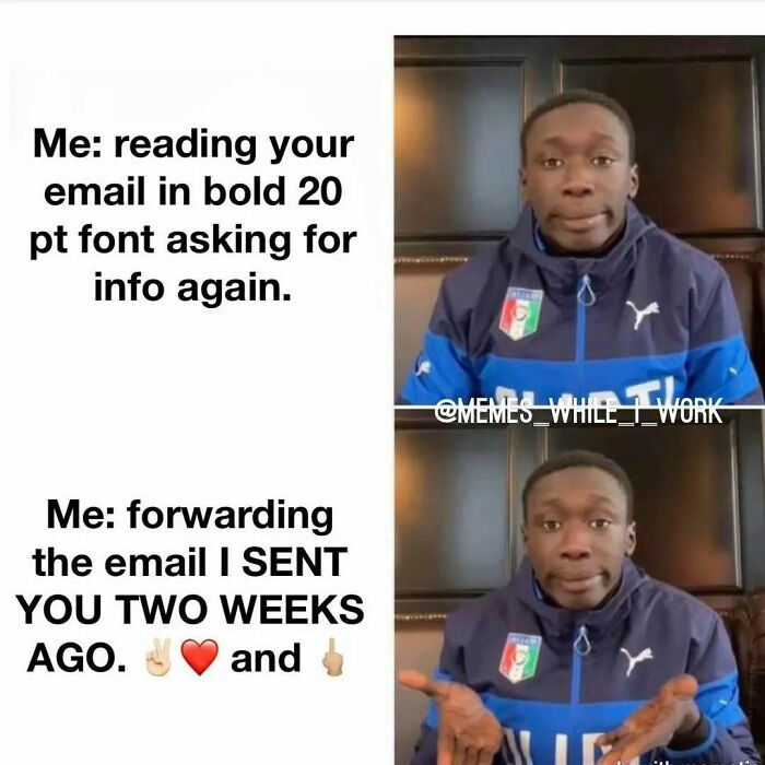 Man reacting humorously to work email with relatable expressions and gestures.