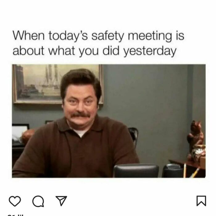 Man with a mischievous grin, captioned about a work safety meeting, reflecting funny relatable work memes.
