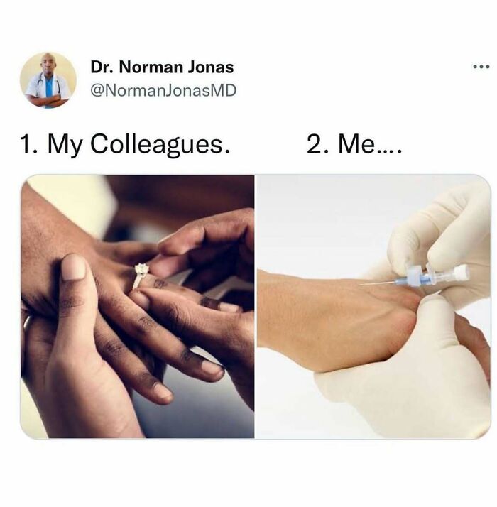 Split image meme comparing colleagues giving a ring to giving an injection, humorously illustrating medical school experiences.