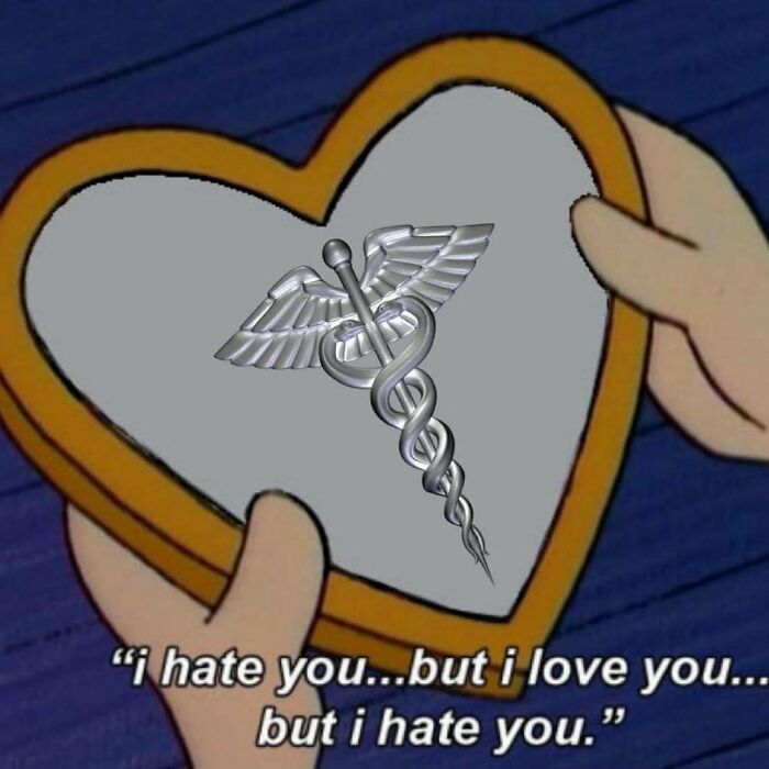 Heart-shaped frame holding a caduceus symbol, with text expressing love-hate feelings about medical school.