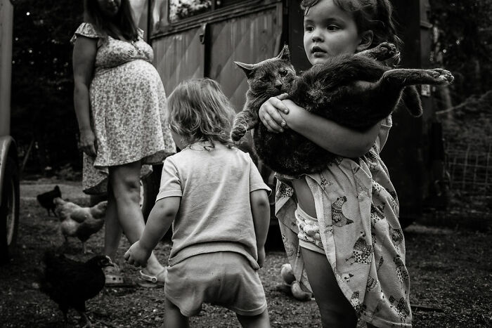 Children playing with a cat in rural Maine, with a pregnant woman and chickens nearby.