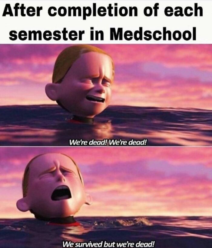 Animated character in water exclaims exhaustion, humorously representing the struggle of medical school.