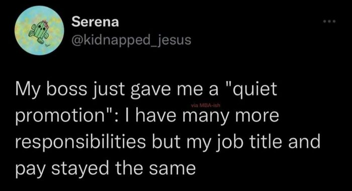 Tweet about a "quiet promotion" with more responsibilities without a job title or pay change; relatable work meme.