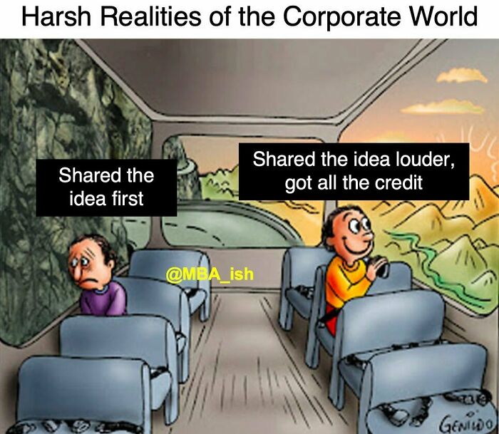 Two people on a bus; one sad, one happy. Reflects relatable work meme on idea sharing.