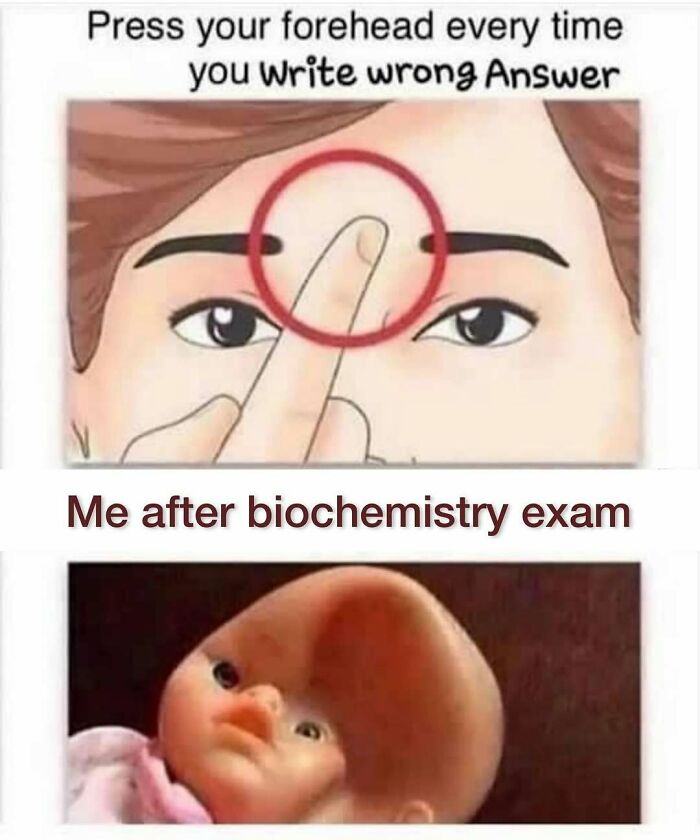 Medical school meme about biochemistry exam with humorous baby doll image.