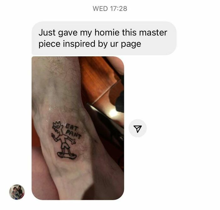 A Simpsons tattoo with "Eat Pant" text on the skin.