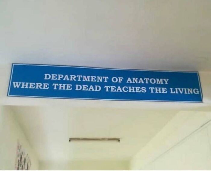 Sign reads: "Department of Anatomy, where the dead teaches the living," highlighting medical school humor.