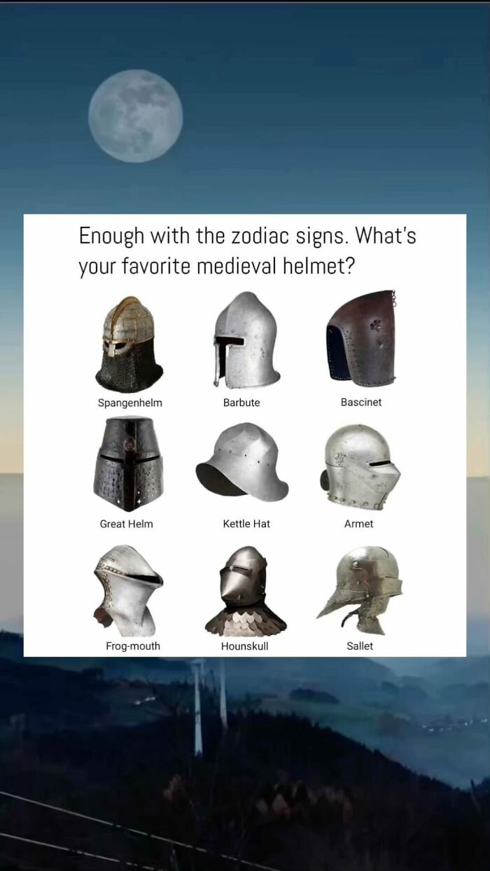 Medieval helmets collection with names including Spangenhelm, Barbute, Bascinet, Great Helm, Kettle Hat, Armet, Frog-mouth, Hounskull, and Sallet.