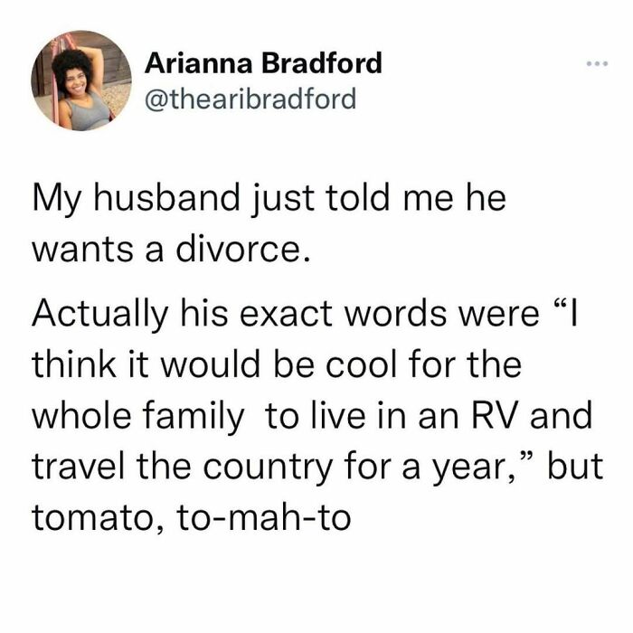 Funny tweet about husband wanting a divorce via year-long RV trip.
