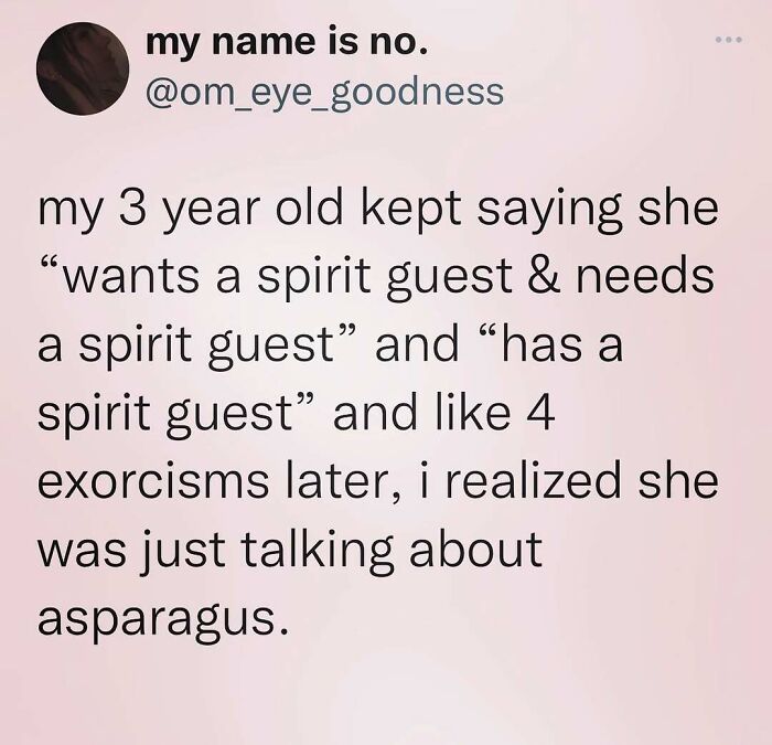 Funny tweet about a child's mispronunciation of "asparagus" as "spirit guest."