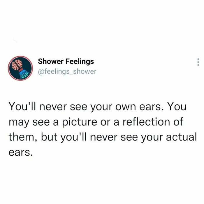 Tweet from Shower Feelings about never seeing your own ears in reality, a thought to occupy your brain while showering.