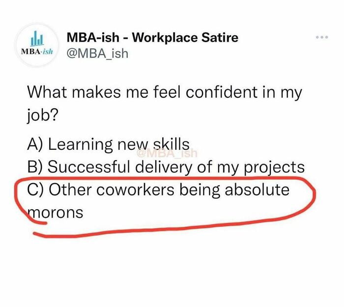 Relatable work meme about confidence at the job with humorous option C circled in red.