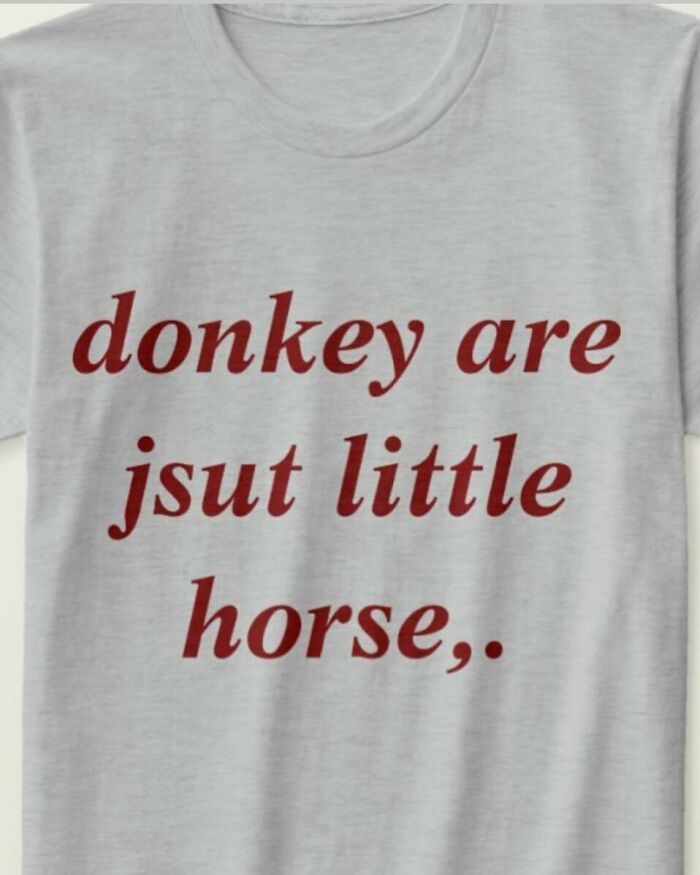 T-shirt with funny mistranslation text: "donkey are jsut little horse," in red on gray fabric.